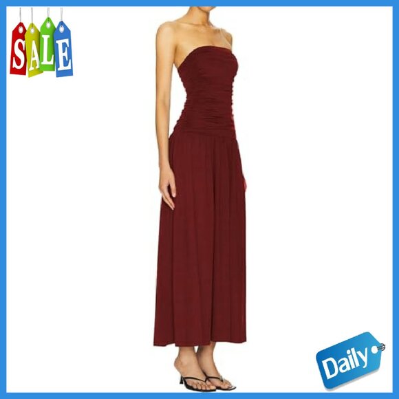 Strapless Ruched High Waist Long Floral Dress Off Shoulder Backless - Picture 3 of 7